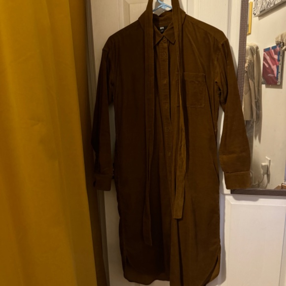 Uniqlo S Corduroy Midi Shirt Dress. Brown, Belted - Picture 3 of 6